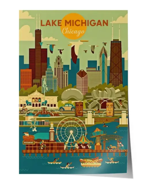 Lake michigan chicago Wall Decor Artwork Print Poster Wall Art Print Home Decor Vintage - Satin Portrait Poster
