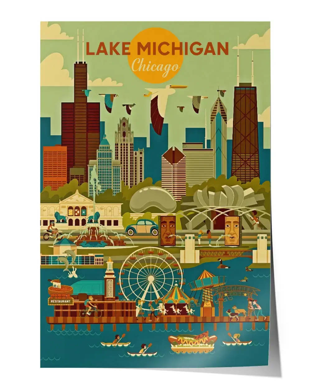 Lake michigan chicago Wall Decor Artwork Print Poster Wall Art Print Home Decor Vintage - Satin Portrait Poster