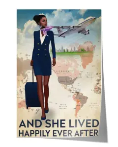 And She Lived Happily Ever After Flight Attendant Black Navy Poster – Satin Portrait Poster