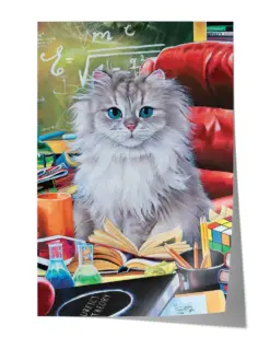 White Cat is Studying with Book Alone Poster - Satin Portrait Poster