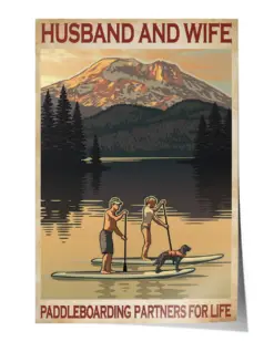 Husband and Wife Paddleboarding Partners for Life with Their Dog Poster - Satin Portrait Poster