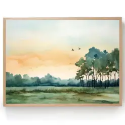 Abstract Sunrise Forest Print Large Watercolor Painting Panoramic Landscape Art Tree Minimalist Wall Art Misty Forest Art Prints Wall Decor