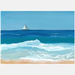 Algae Sailboat Ocean View Watercolor Painting Crashing Waves Portugal Art Print Ex Postcard Sized Vacation Mode Modern Beach Decor