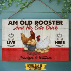 An Old Rooster & His Cute Chick Live Here, Personalized Chicken Poster, Canvas