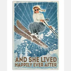 And She Lived Happily Ever After Poster – Girl Skiing Vintage Retro Art Picture – Poster For Skiing Lovers – Home Wall Decor – No Frame