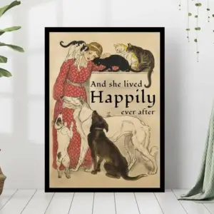 And She Lived Happily Ever After Vintage Poster Girl With Her Cats And Dogs Poster Cats And Dogs Art Print Animal Lover For Her