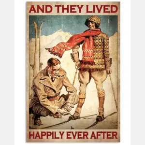 And They Lived Happily Ever After Poster – Skiing Couple Vintage Art Poster – Poster For Skiing Couples – Home Wall Decor – No Frame