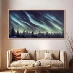 Aurora Borealis Over A Snowy Northern Forest Canvas Print Scenic Winter Landscape Art Northern Lights