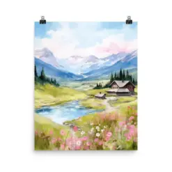 Austrian Alps Watercolor Print | Austria Travel Gift | Alpine Landscape Art | Mountain Decor | Spring Blossom Art | Europe | Cozy Log Cabin