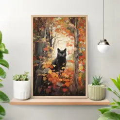 Autumn Fall Cat Poster Black Cat Art Home Decor Posters Foreshore Decor Watercolor Landscape Painting Moody Art Autumnal Leaves Print