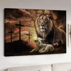 Awesome Lion Of Judah Lamb Of God Three Crosses On Hill Religious Art - Jesus Landscape Canvas Prints Christian Wall Art