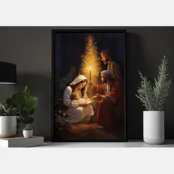 Baby Jesus Around Christmas Tree Painting Canvas Art Print - Vintage Yuletide Baby Jesus Under Torch Poster Print