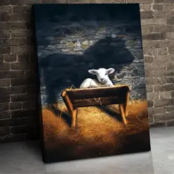 Baby Lamb In The Manger With A Lion Shadow Symbolizing Jesus Birth Canvas Print Christmas Decor Christian Wall Art - Poster & Canvas