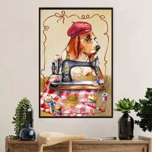 Basset Hound Dog Poster | Sewing Dog | Wall Art Gift For Miniature Basset Hound Puppies Lover