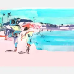 Beach Scene On Pink Print Painting Watercolor Beach House Art California Beach Watercolor Palm Trees Southern California Ocean Coral