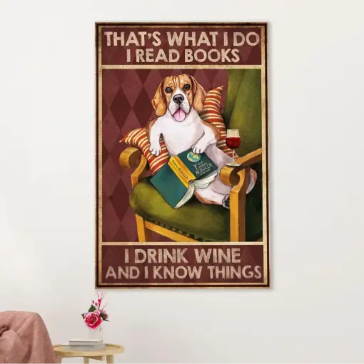 Beagle Dog Canvas Wall Art | Read Books, Drink Wine & Know Things | Gift For Pocket Beagle Puppies Lover