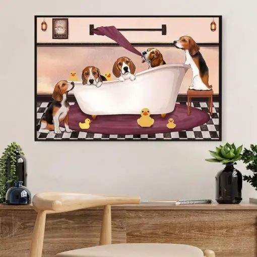Beagle Dog Poster Prints | Funny Beagles In Bath | Wall Art Gift For Pocket Beagle Puppies Lover