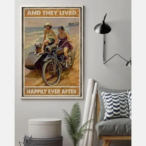 Biker Girl And Dog Poster And She Lived Happily Ever After Vintage Room Home Decor Wall Art Gifts Idea