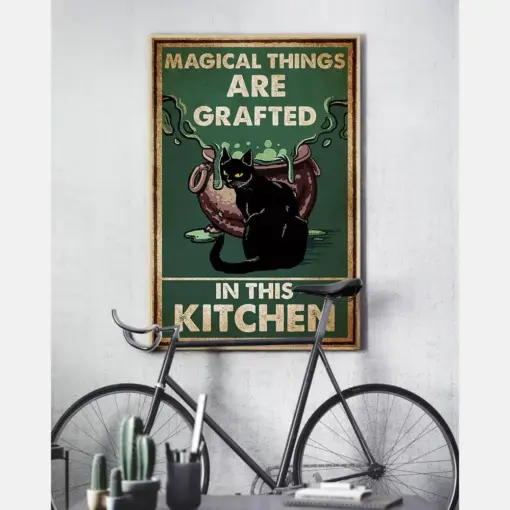 Black Cat Poster Magical Things Are Grafted In This Kitchen Vintage Room Home Decor Funny Wall Art Gifts Idea