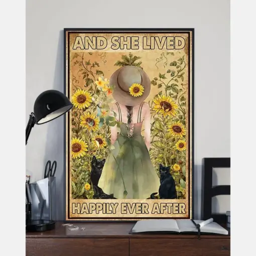 Black Cat Sunflower Girl Poster And She Lived Happily Ever After Vintage Room Home Decor Wall Art Gifts Idea