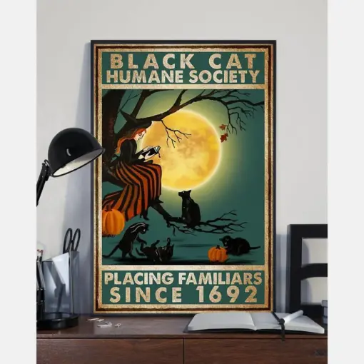 Black Cat Witch Girl Book Loves Poster Human Society Vintage Room Home Decor Wall Art Gifts Idea