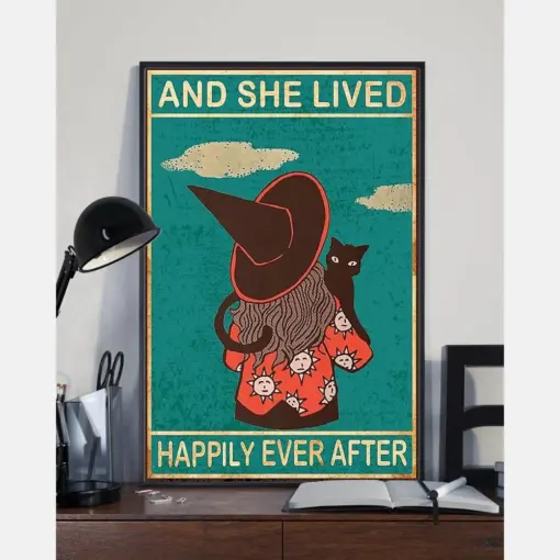 Black Cat Witch Girl Canvas Prints And She Lived Happily Ever After Vintage Wall Art Gifts Vintage Home Wall Decor Canvas