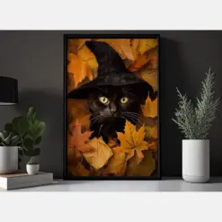 Black Cat Witch Hiding In Fall Leaves Gothic Vintage Canvas Wall Art - Halloween Cat Gift Artwork Decoration For Living Room Bed Room