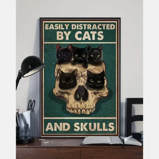 Black Cats And Skulls Poster Easily Distracted Vintage Room Home Decor Wall Art Gifts Idea