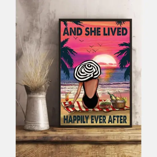 Book Girl Summer Beach Loves Poster And She Lived Happily Ever After Vintage Room Home Decor Wall Art Gifts Idea