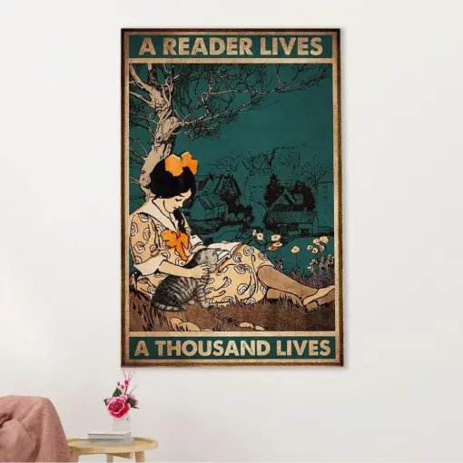 Books Lover Canvas Prints | Girl & Cat - A Reader Lives A Thousand Lives | Wall Art Gift For Books Reader