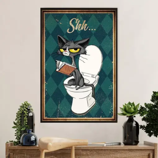 Books Lover Poster Prints | Funny Cat In Toilet - Shh | Wall Art Gift For Books Reader