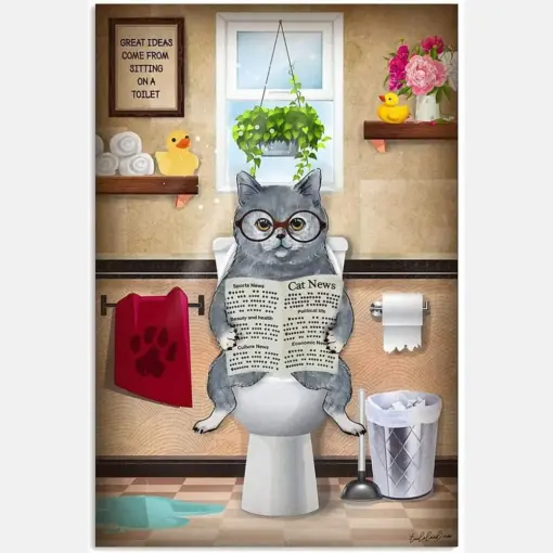 British Short Hair Cat Read Newspaper Toilet Bathroom Funny