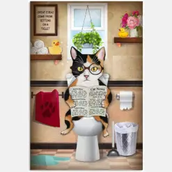 Calico Cat Read Newspaper Toilet Bathroom Funny Cat Funny Bathroom Toilet Decor