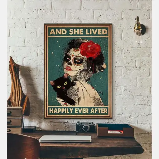 Canvas Prints Gift For Cat Lovers And She Lived Happily Ever After Birthday Gift Vintage Home Wall Decor Canvas
