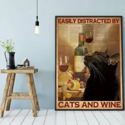 Canvas Prints Gift For Cat Lovers Easily Distracted By Cats And Wine Gift Vintage Home Wall Decor Canvas