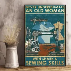 Canvas Prints Sewing An Old Woman With Shark And Sewing Skills Gifts Vintage Home Wall Decor Canvas