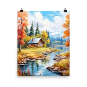 Carpathian Mountains Watercolor Print | Log Cabin Art | Fall Foliage | Autumn Decor | Eastern Europe Travel Gift | Mountain Landscape Art