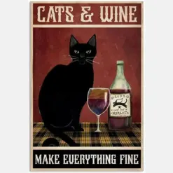 Cat And Wine Make Everything Fine Black Cat Red Wine Purplr Background Vintage