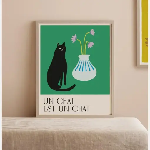 Cat Art Print Poster | Black Cat Wall Art | French Cat Poster | Illustrated Cat Home Decor - Green