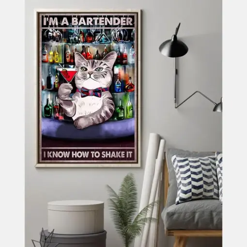 Cat Bartender Poster I Know How To Shake It Alcoholic Soft Drink Loves Vintage Room Home Decor Wall Art Gifts Idea