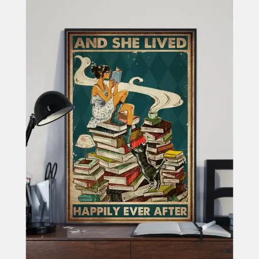 Cat Book Tea Coffee Girl Poster And She Lived Happily Ever After Vintage Room Home Decor Wall Art Gifts Idea