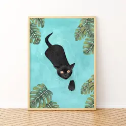 Cat Drinkable Wall Art Black Cat Art Print Cats Poster Jungle Illustration Animal Painting Kitten Able Artwork