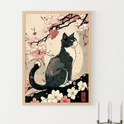 Cat In Blossom Japanese Art Style Japanese Cat Poster Japanese Cat Painting