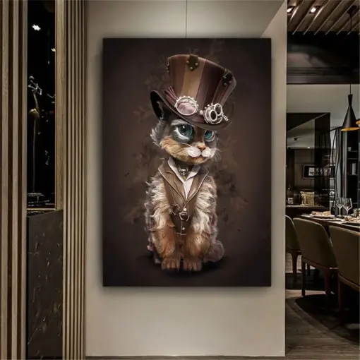 Cat In Hat Canvas Wall Art , Sweet Cat Canvas Painting , Cat Canvas Prints , Ready To Hang Canvas Print , Modern Home Decor