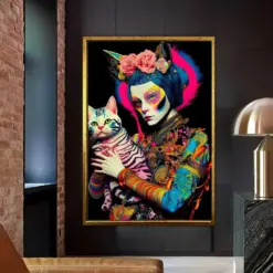 Cat Lover Woman Art Colorful Dressed Woman And Cat Canvas Wall Decor Woman In Traditional Dress Decor Animals Love Art Minimalist Art