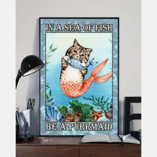 Cat Mermaid Poster In A Sea Of Fish Be A Purrmaid Vintage Room Home Decor Wall Art Gifts Idea