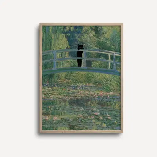 Cat Print Monet Water Lilies Bridge Funny Gift Poster Wall Art Home Decor