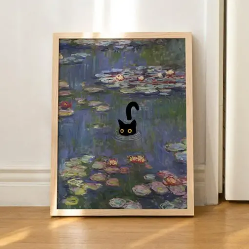 Cat Print Monet Water Lilies Funny Gift Poster Wall Art Home Decor