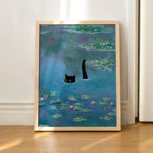 Cat Print Monet Waterline Funny Gift Poster Wall Art Home Decor Drinkable