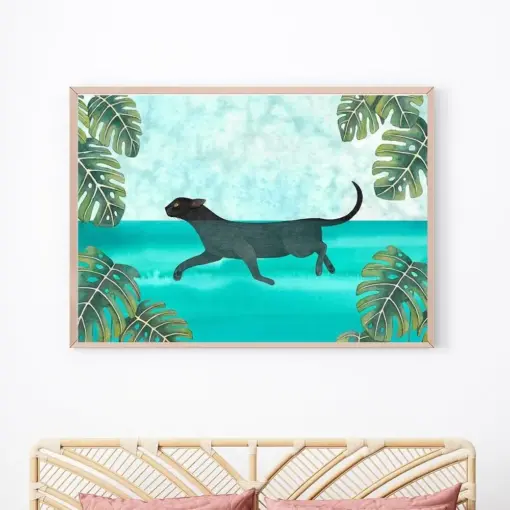 Cat Swimming Print Black Cat Wall Art Cats Poster Kitten Illustration Jungle Painting Animal Artwork Cat Themed Gifts Bathroom Decor